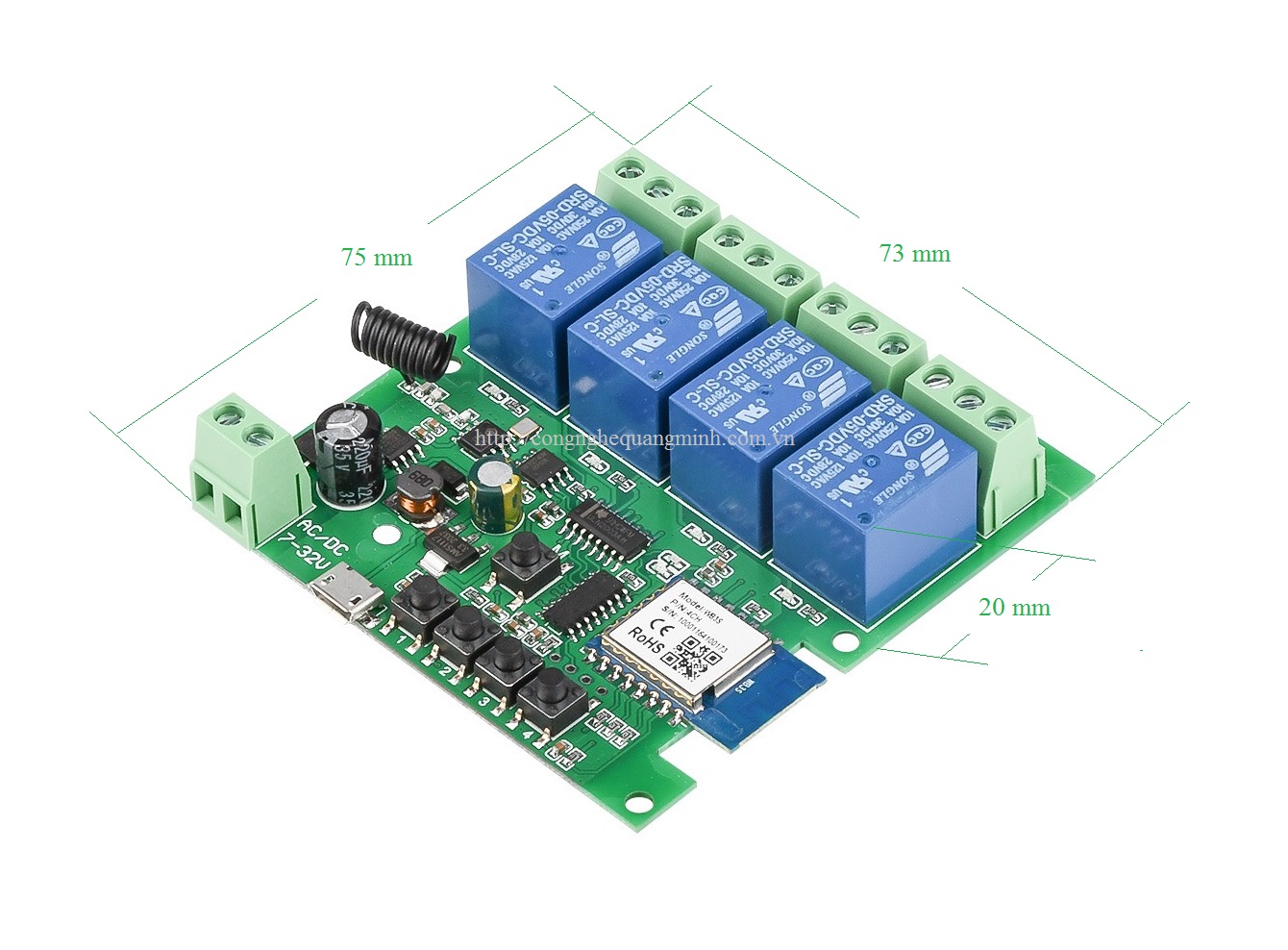 Công tắc WiFi TWR-4 điều khiển từ xa 4 kênh App Tuya, Remote 433Mhz